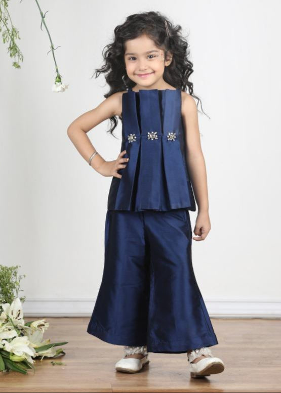 Deep Blue Silk Blend Stone Detailing Top With Skirt Set