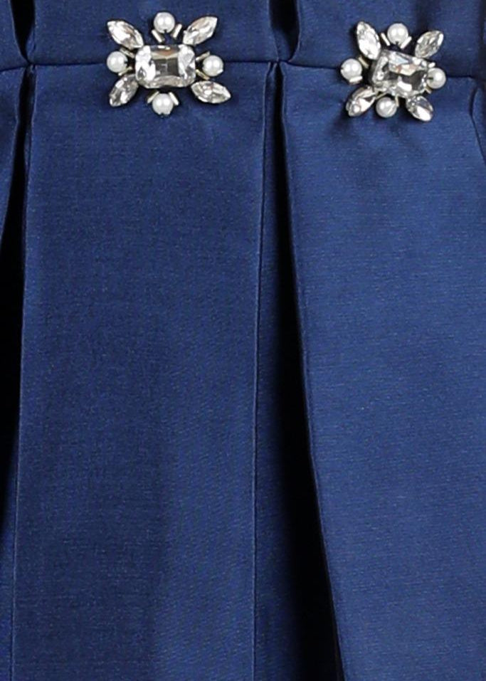 Deep Blue Silk Blend Stone Detailing Top With Skirt Set