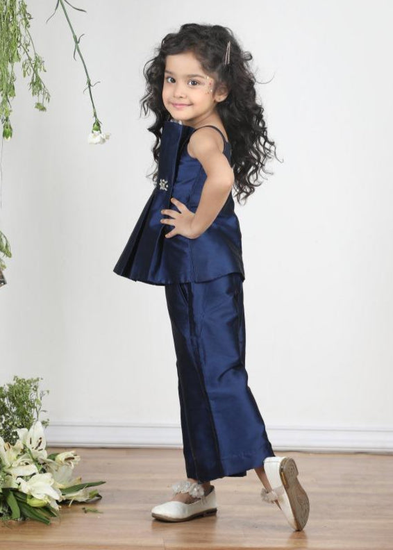 Deep Blue Silk Blend Stone Detailing Top With Skirt Set