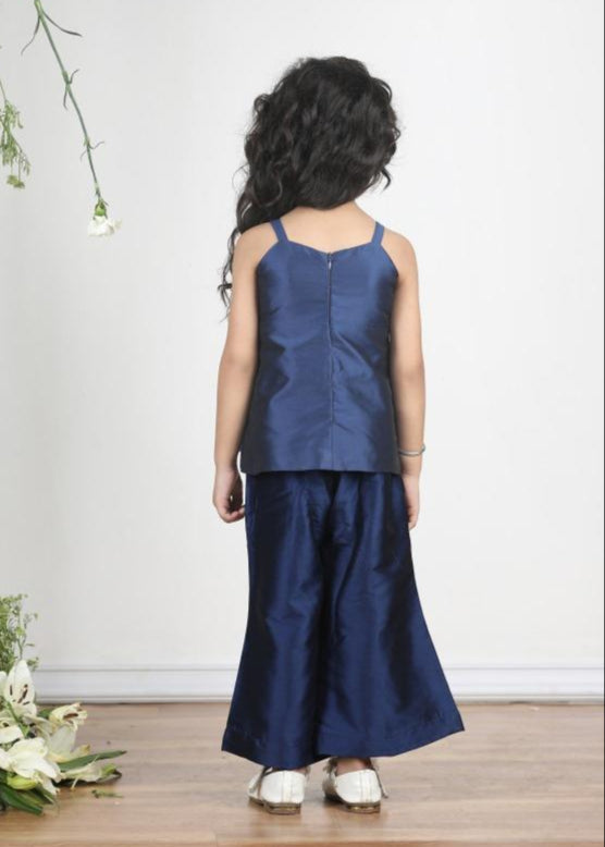 Deep Blue Silk Blend Stone Detailing Top With Skirt Set