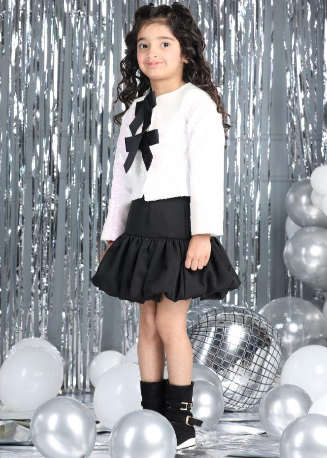 White And Black Imported Crepe With Sequence Top And A Line Skirt  Co-ord Set