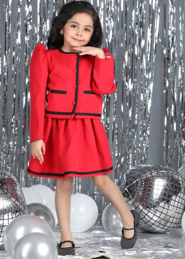 Red Imported Crepe Top And A Line Skirt With Border Detailing Co-ord Set