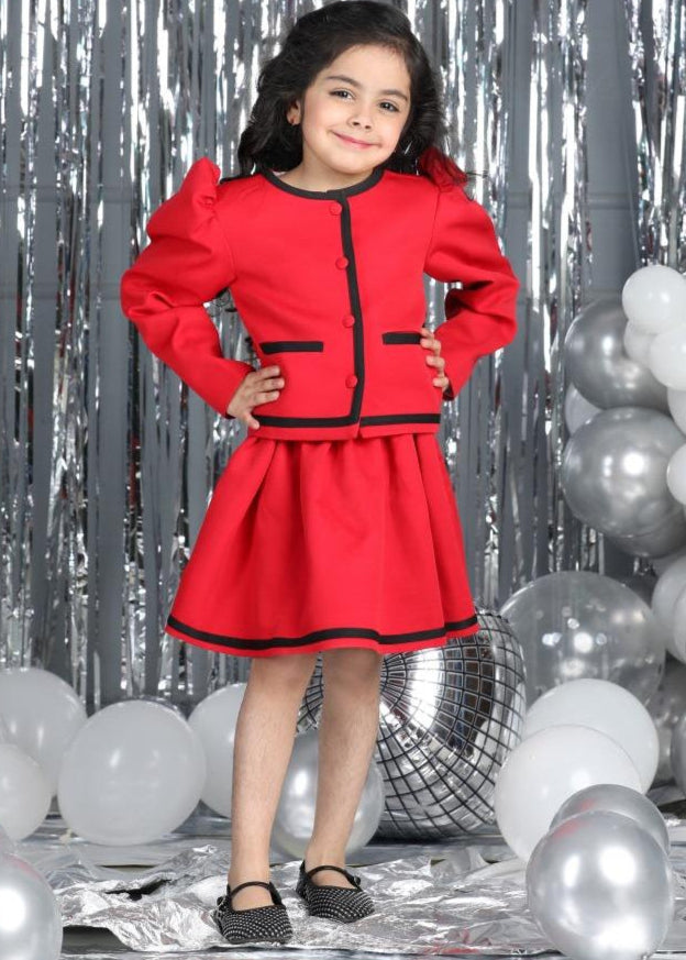 Red Imported Crepe Top And A Line Skirt With Border Detailing Co-ord Set