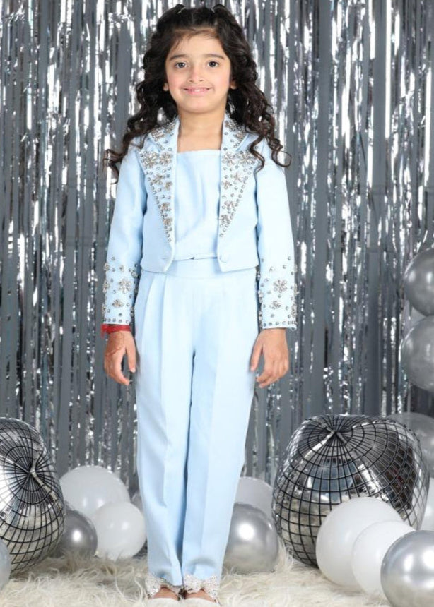 Ice Blue Imported Crepe Stone Work Embroidery Co-ord Set
