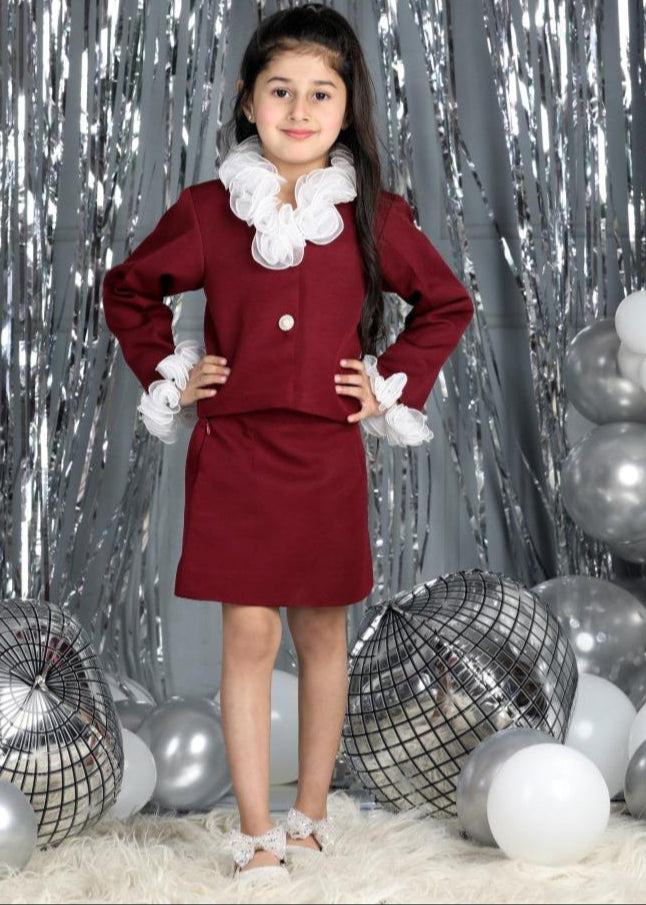 Burgandy Imported Crepe With Ruffles On Neck And Cuff Co-ord Set