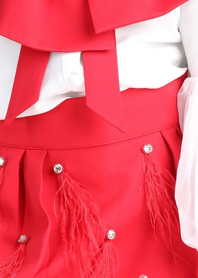 Red And White Balloon Sleeves Top With Fur And Stone Detailing Skirt Co-ord Set