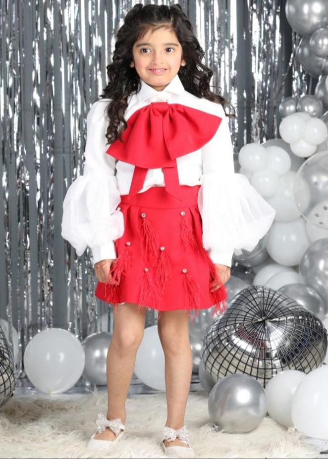 Red And White Balloon Sleeves Top With Fur And Stone Detailing Skirt Co-ord Set