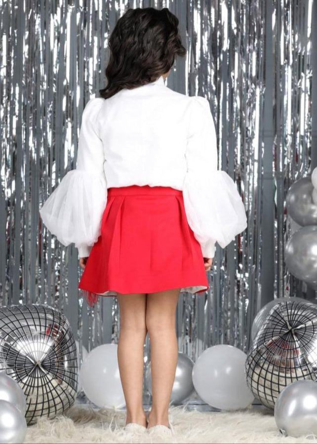 Red And White Balloon Sleeves Top With Fur And Stone Detailing Skirt Co-ord Set