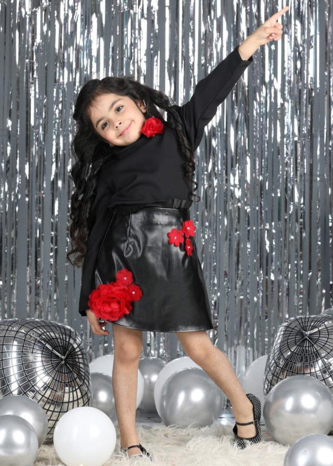 Black Imported Crepe And Leather Flower Motifs Skirt Co-ord Set
