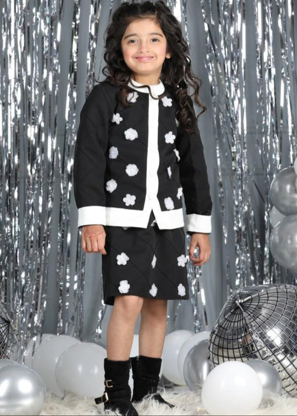 Black Imported Crepe Pearl Detailing Flower Motif Co-ord Set