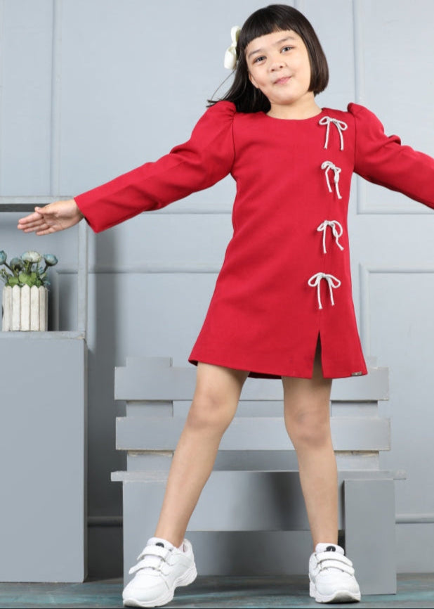 Red Imported Crepe Bow Detailing Straight Dress