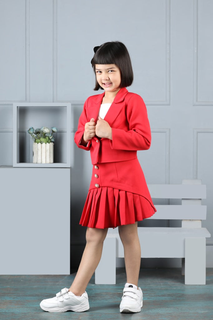 Red And White Imported Crepe With Detailed Skirt Set