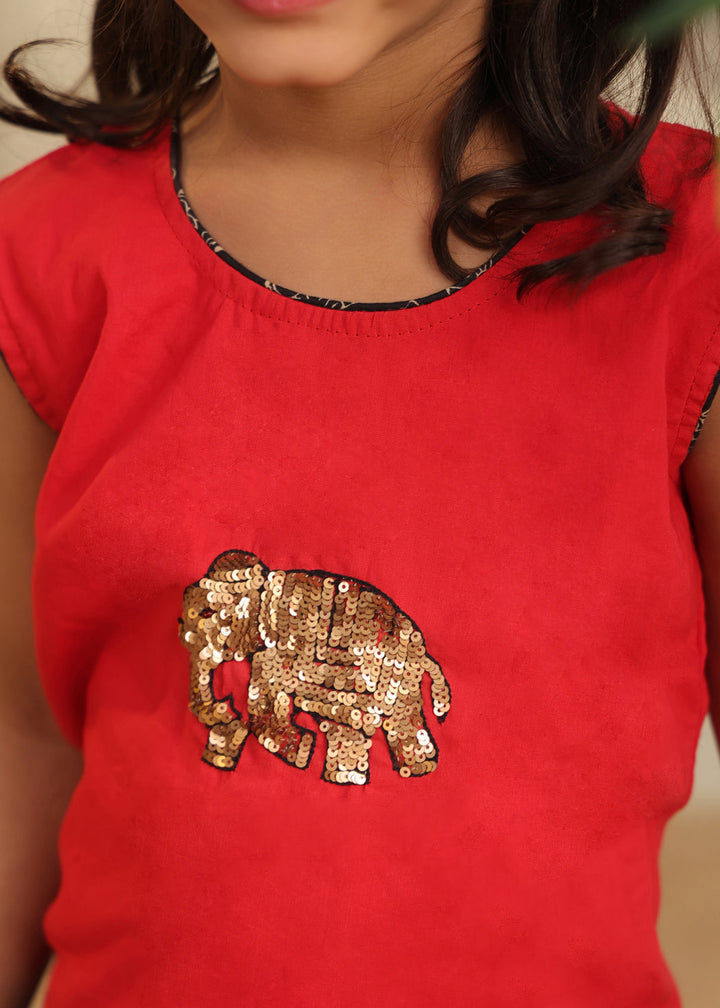 Red Cotton Elephant Embroidered Sequins Top With Flared Skirt Set
