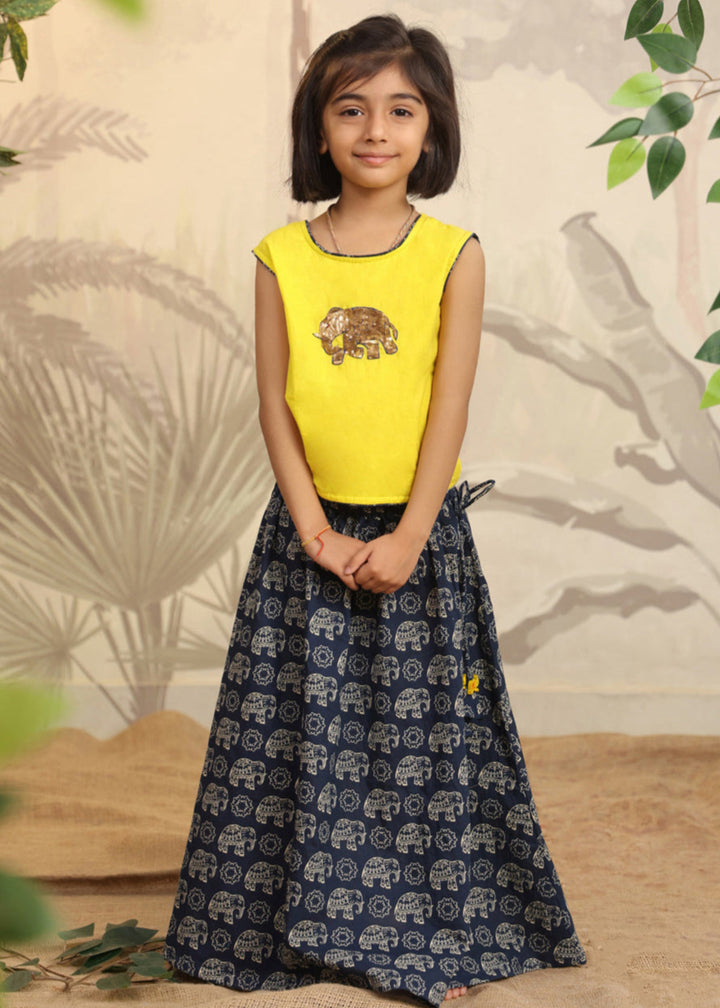 Yellow Cotton Elephant Embroidered Sequins Top With Flared Skirt Set