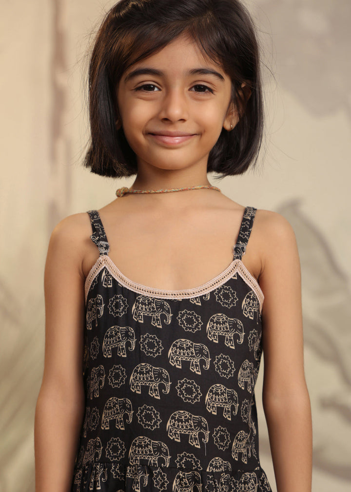 Black And Beige Elephant Printed Cotton Frock