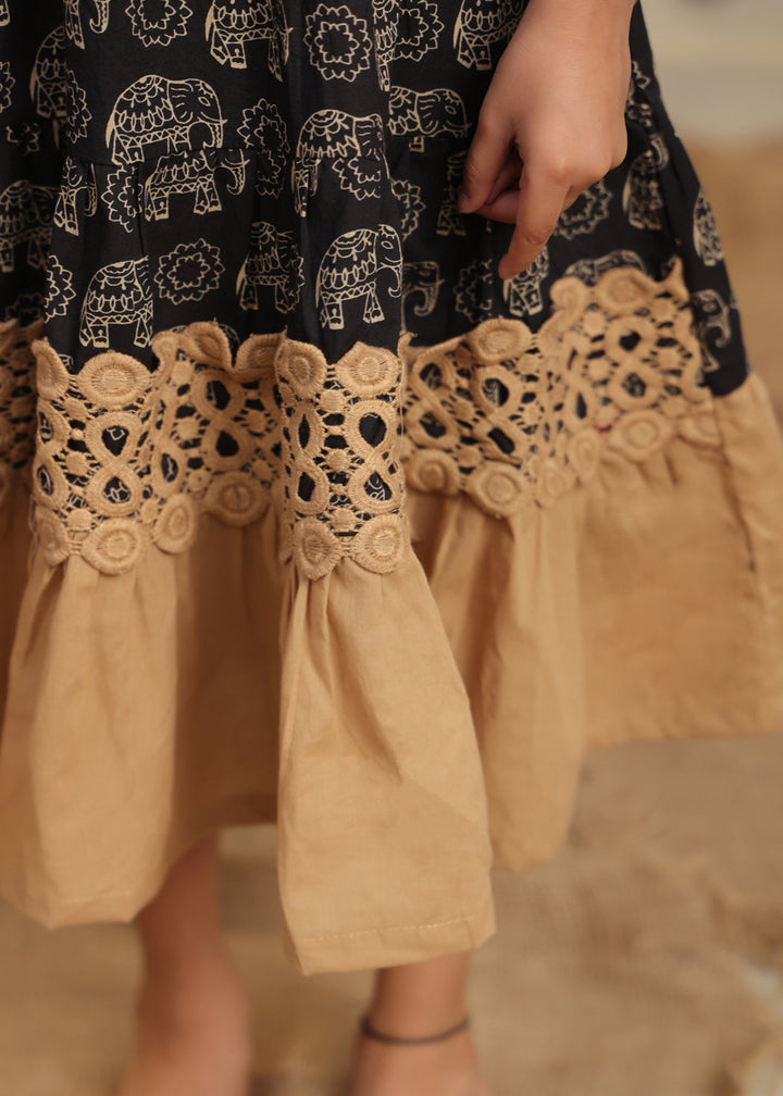 Black And Beige Elephant Printed Cotton Frock