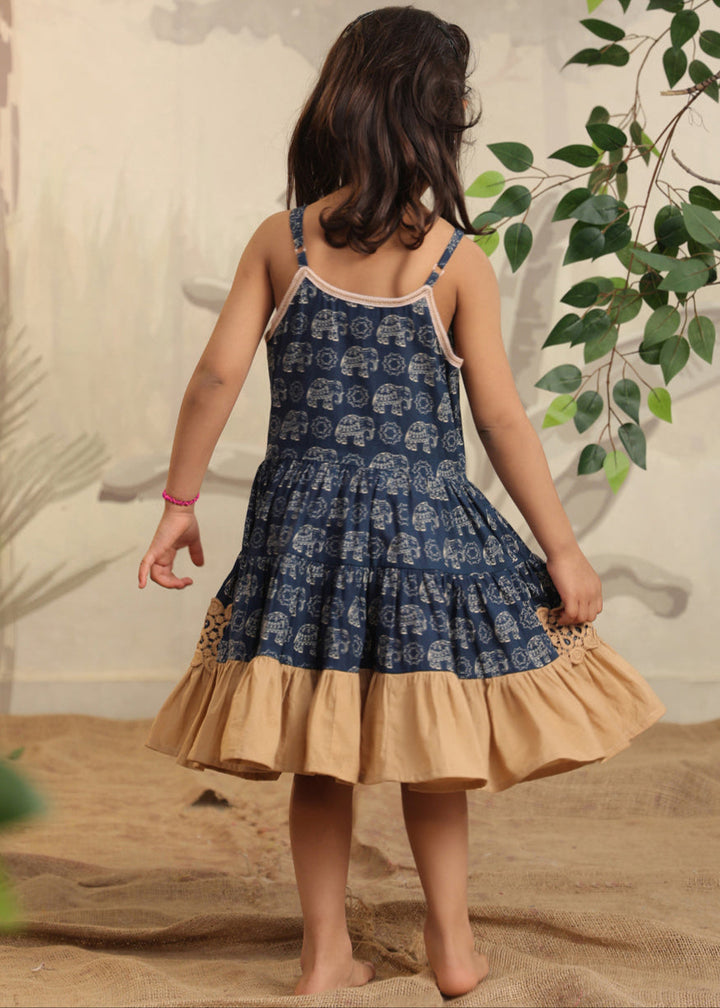 Blue And Beige Elephant Printed Cotton Frock