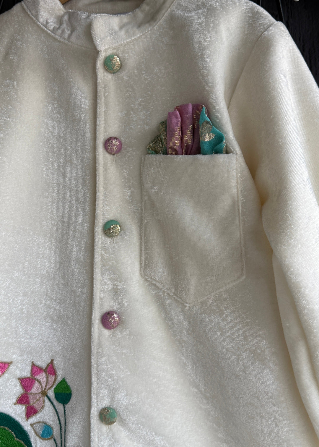 Off White Velvet Embroidered Bandhgala Kurta With Pyjama Set