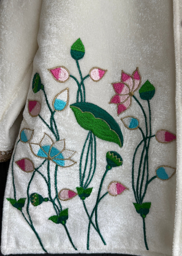 Off White Velvet Embroidered Bandhgala Kurta With Pyjama Set