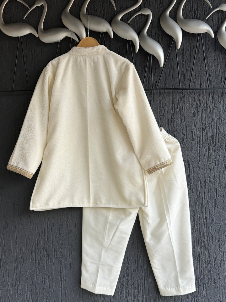 Off White Velvet Embroidered Bandhgala Kurta With Pyjama Set