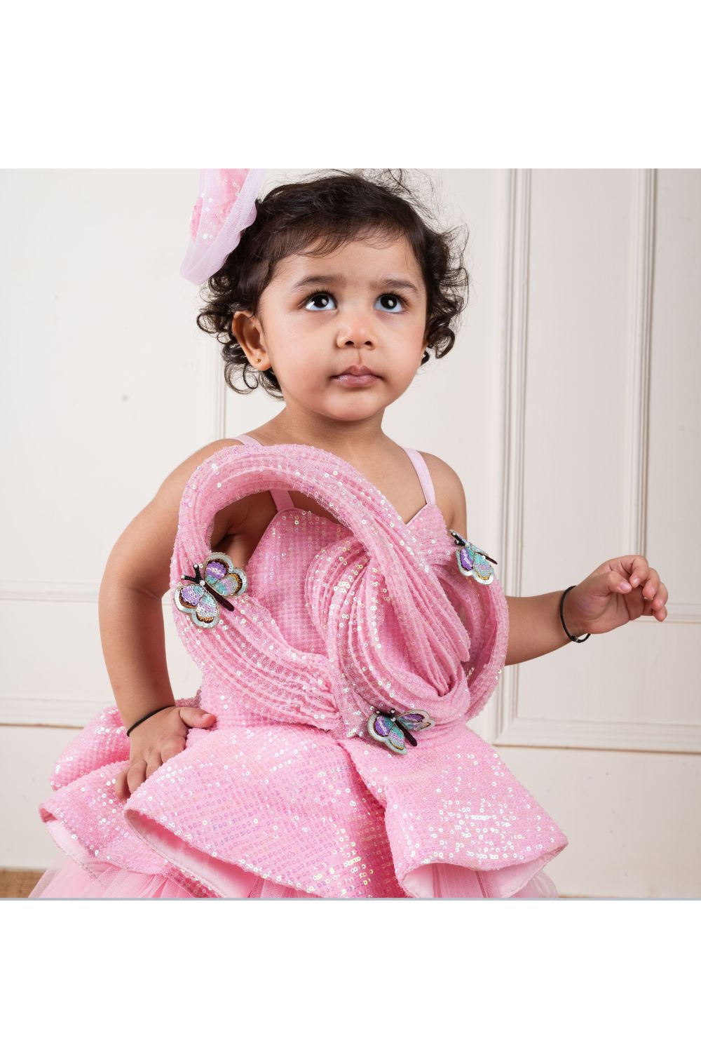 Pink Net Sequins Draped Butterfly Gown