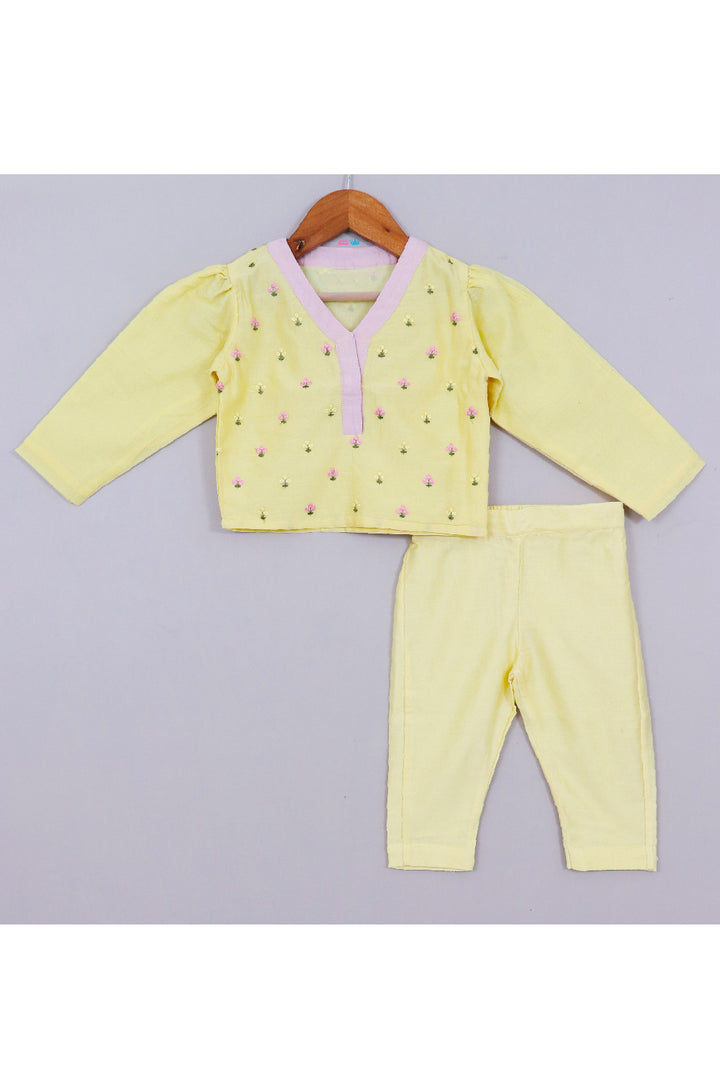 Yellow Floral Embroidered Chanderi Top With Pant Set