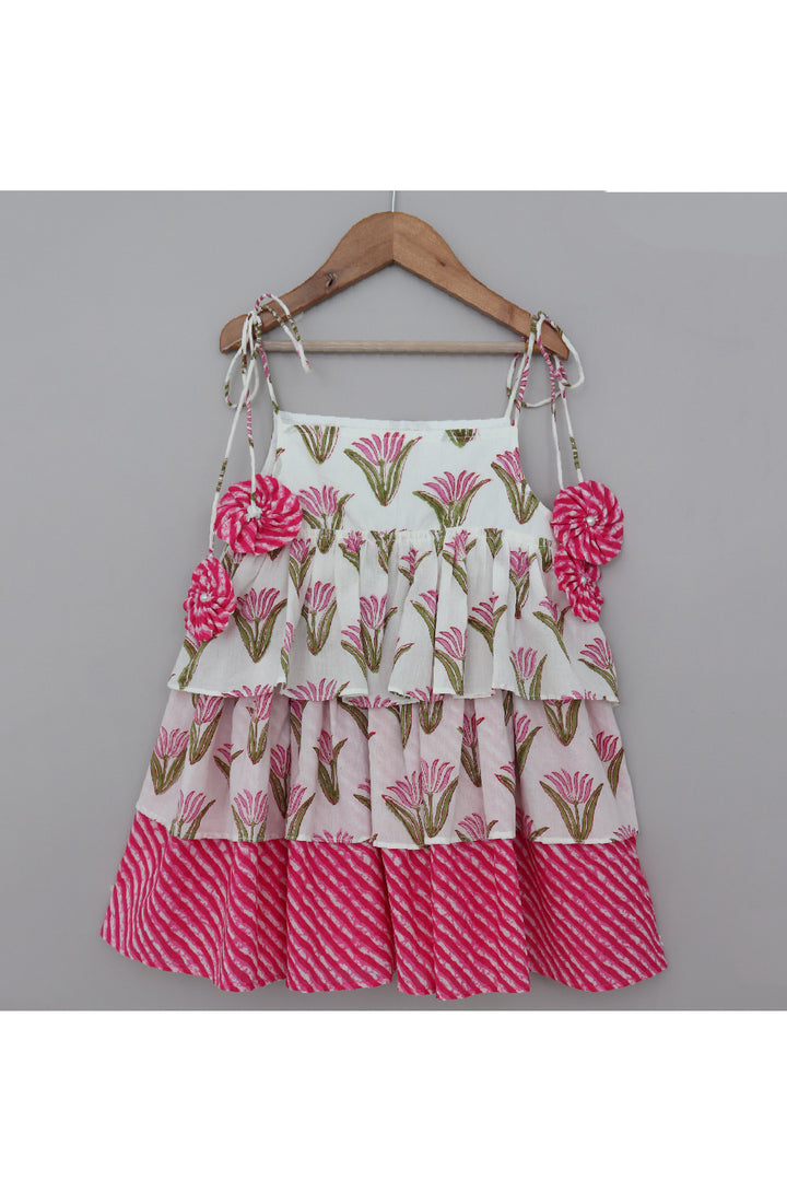 White And Pink Lotus And Leheriya Printed Cotton Dress