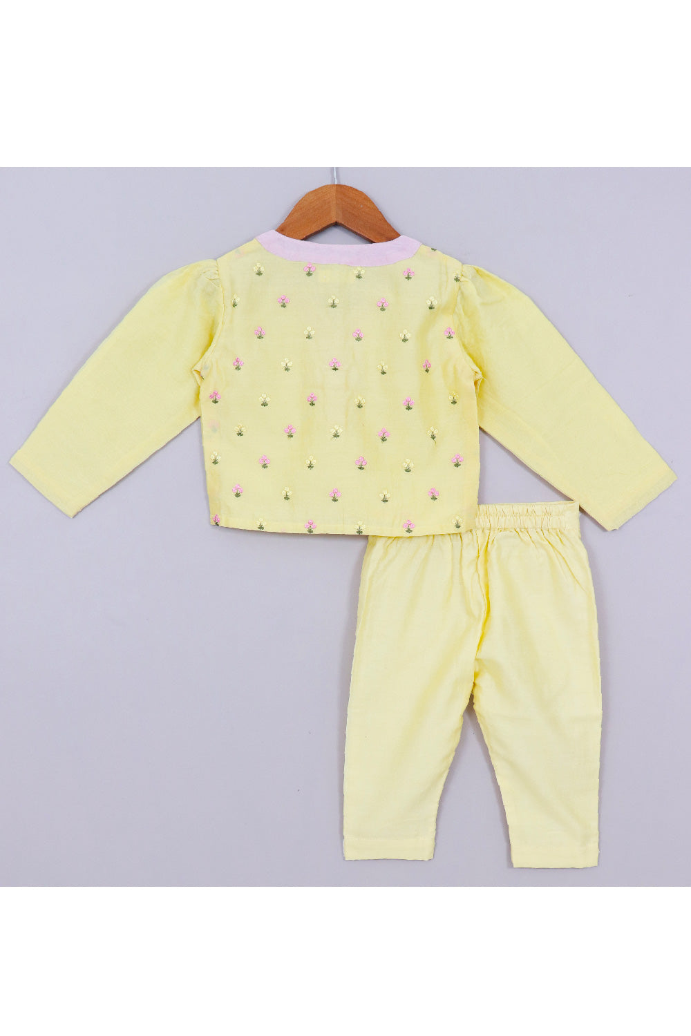 Yellow Floral Embroidered Chanderi Top With Pant Set
