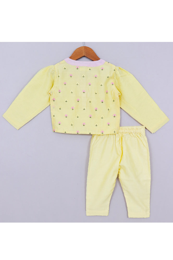 Yellow Floral Embroidered Chanderi Top With Pant Set