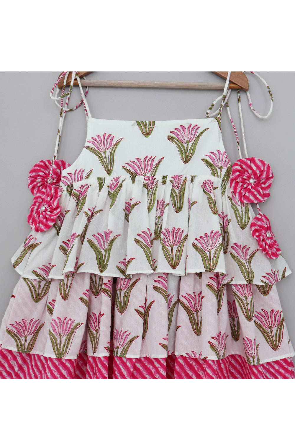 White And Pink Lotus And Leheriya Printed Cotton Dress