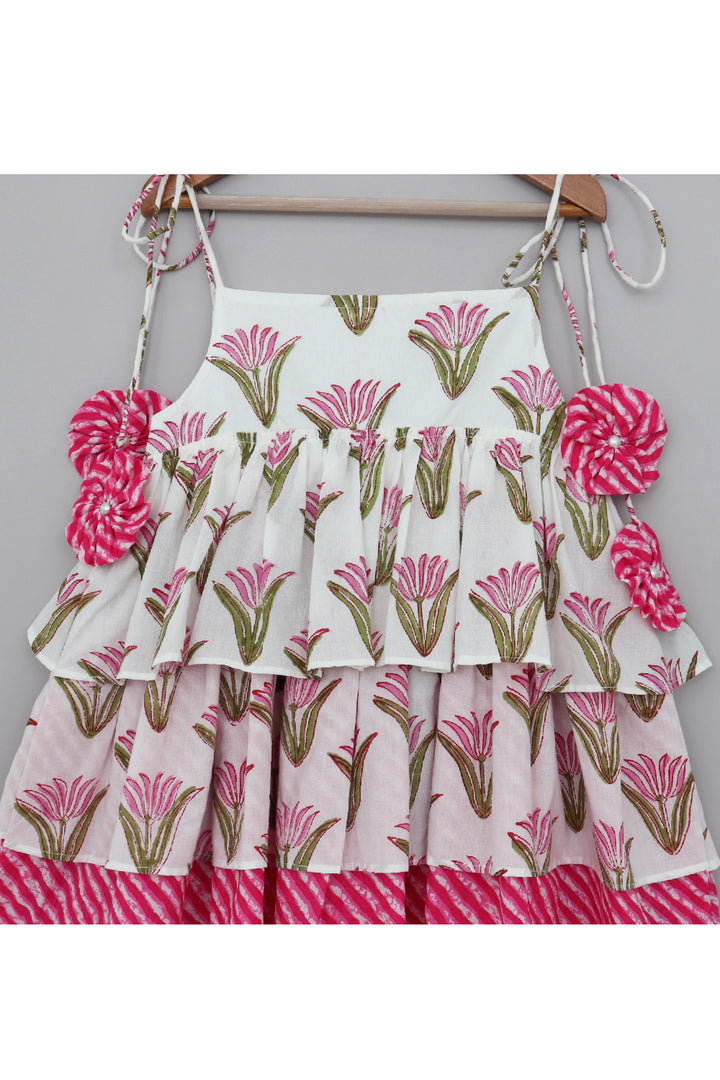 White And Pink Lotus And Leheriya Printed Cotton Dress