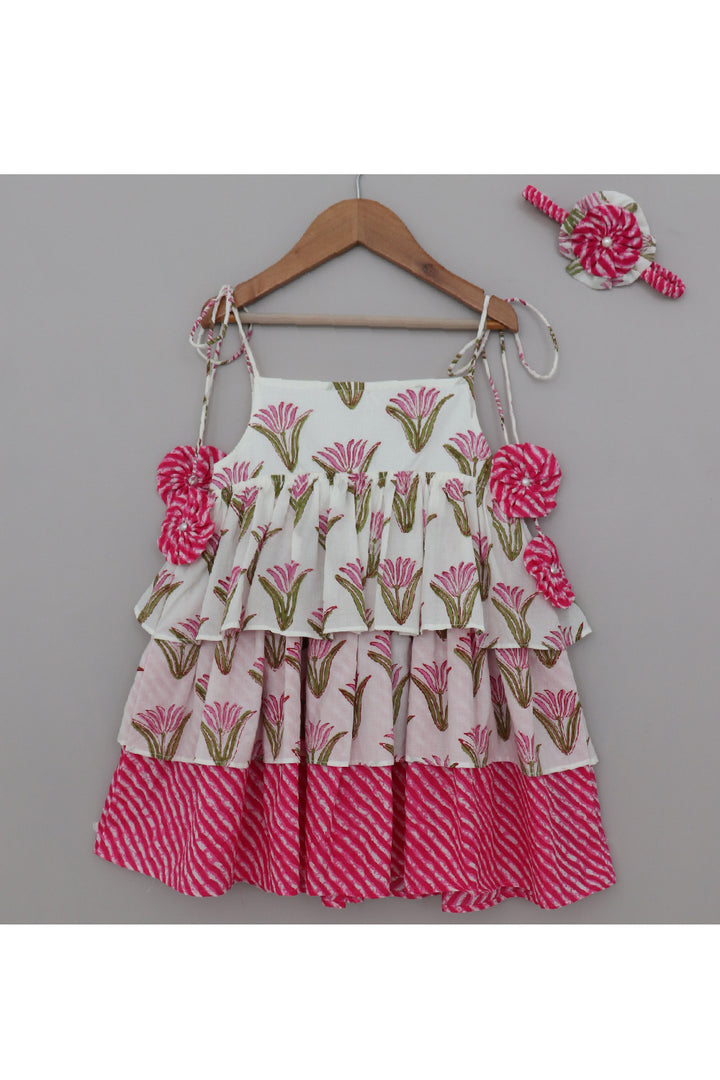 White And Pink Lotus And Leheriya Printed Cotton Dress