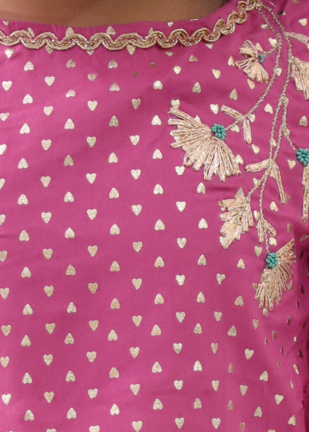 Pink Heart Pattern Foil Printed Crop Top With Flare Pant Set