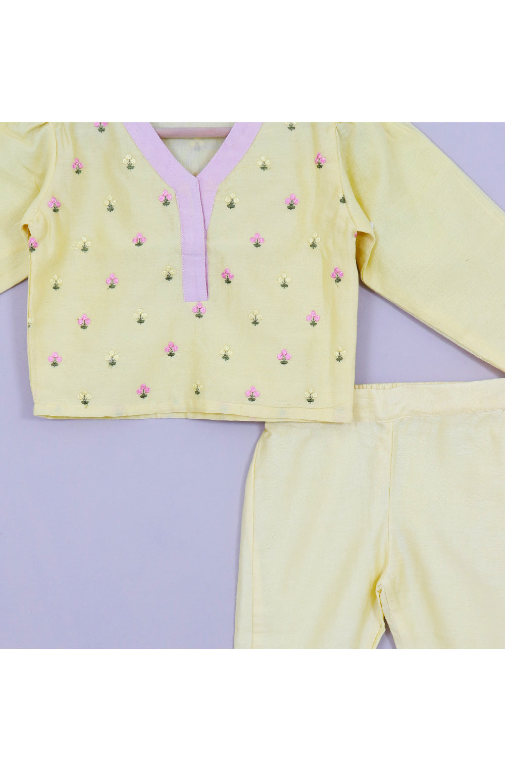 Yellow Floral Embroidered Chanderi Top With Pant Set