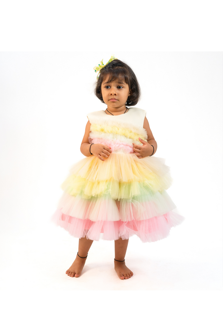 Multicolored Scuba Bow Frill Sleeveless Dress