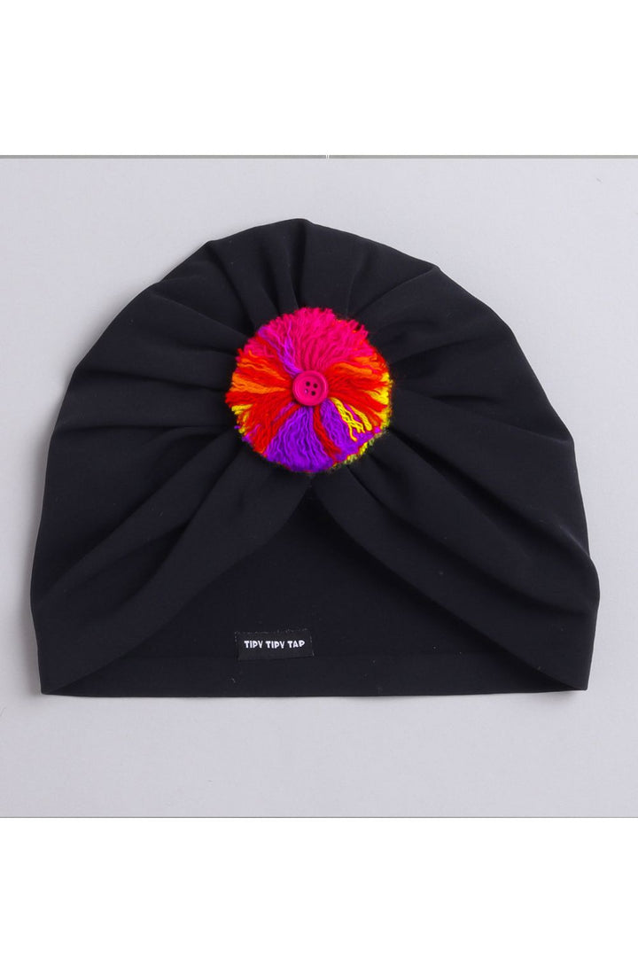 Black Unisex Cotton Colorful Pom Pom Turban