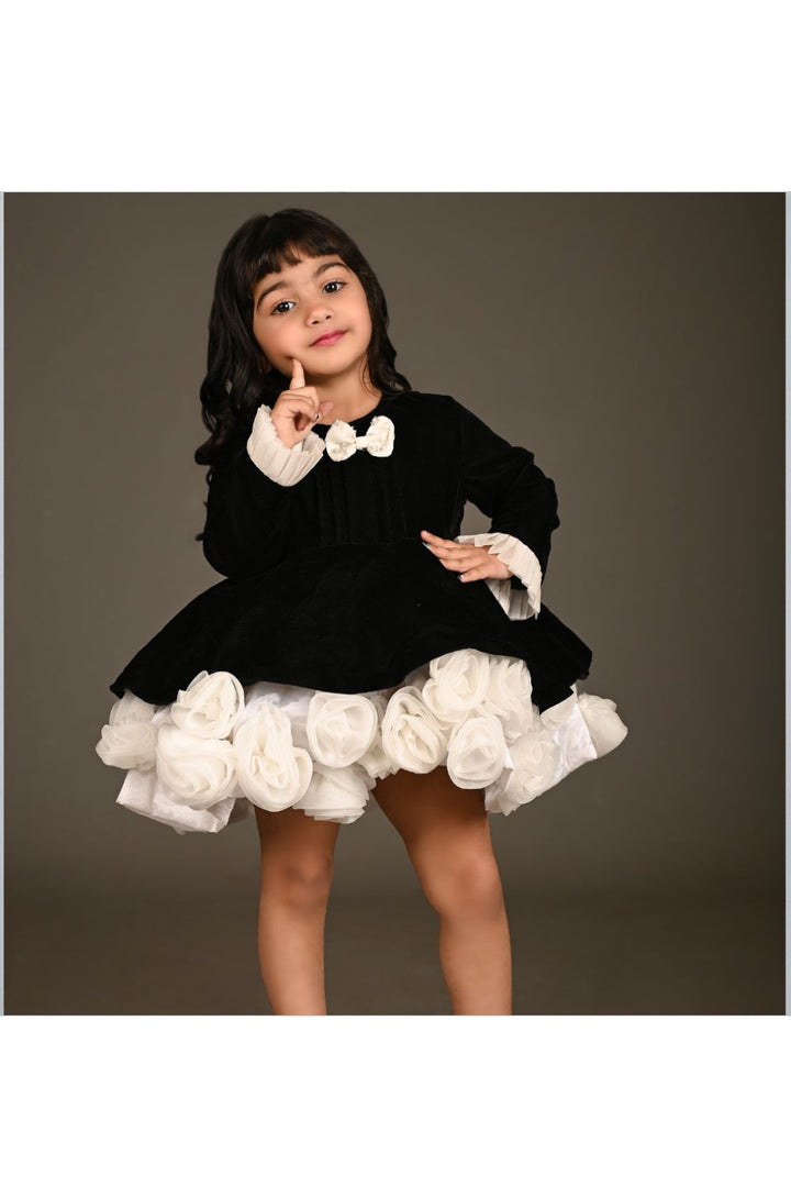 Black Velvet With White Organza Flowered Flair Dress