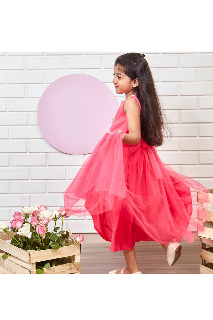 Pink And Golden Butterfly Embroidered High Low Net Dress