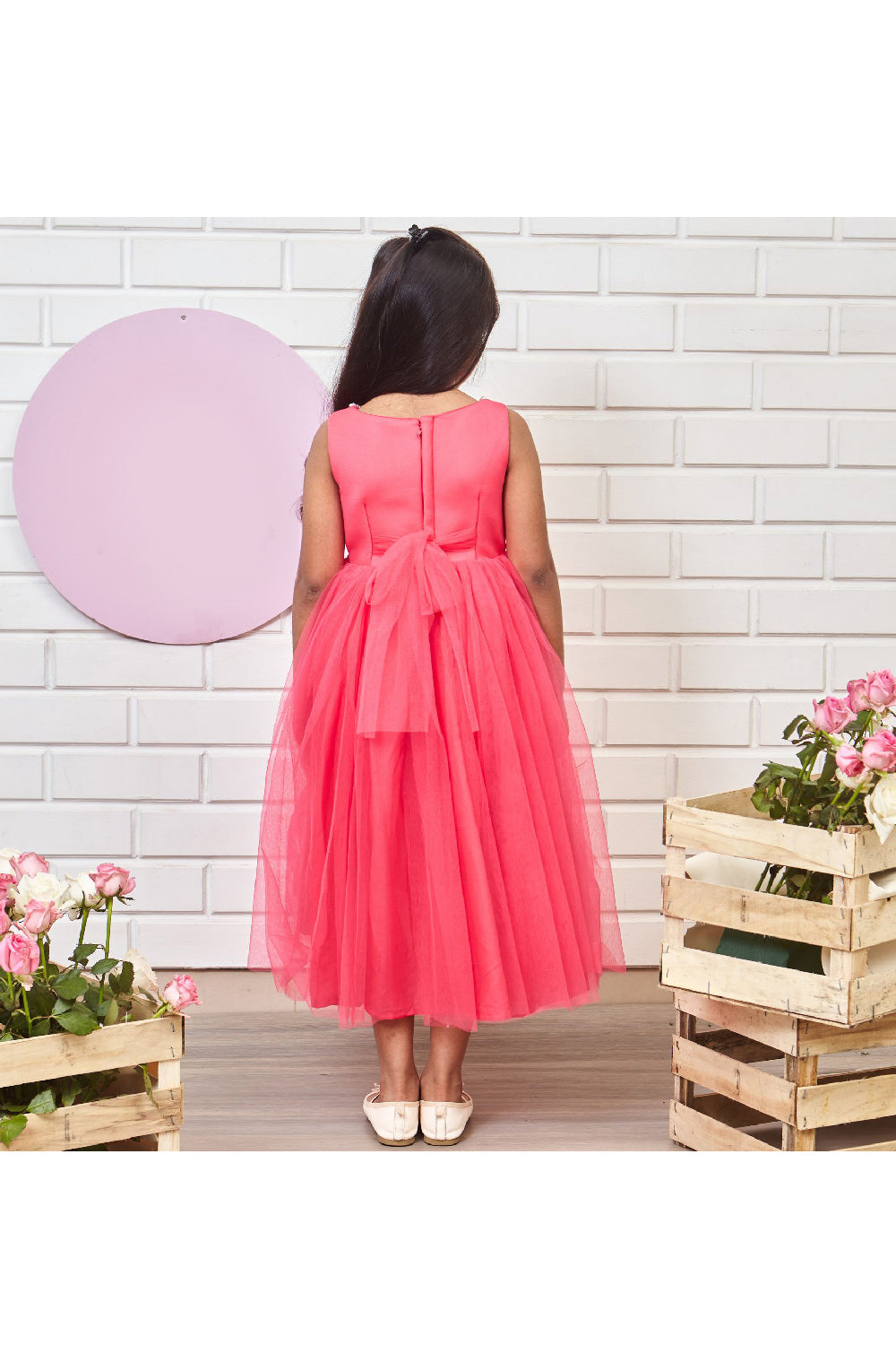 Pink And Golden Butterfly Embroidered High Low Net Dress