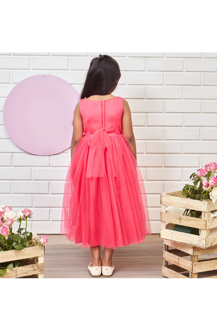 Pink And Golden Butterfly Embroidered High Low Net Dress