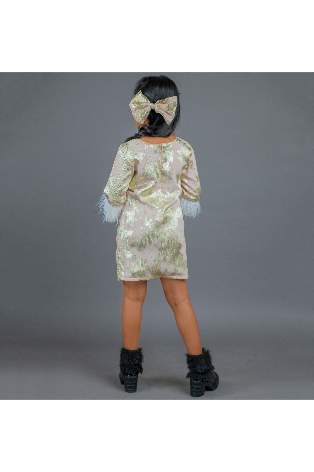 Goldern Feather Detailing Zacquard Dress