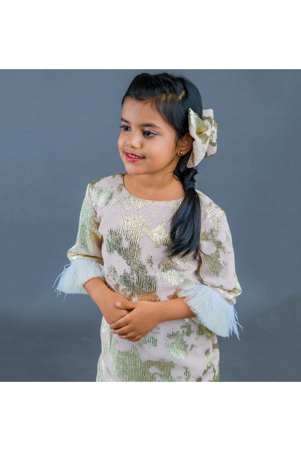 Goldern Feather Detailing Zacquard Dress
