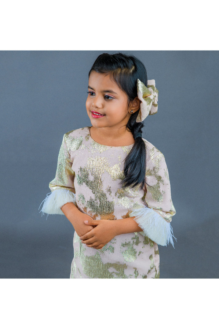 Goldern Feather Detailing Zacquard Dress