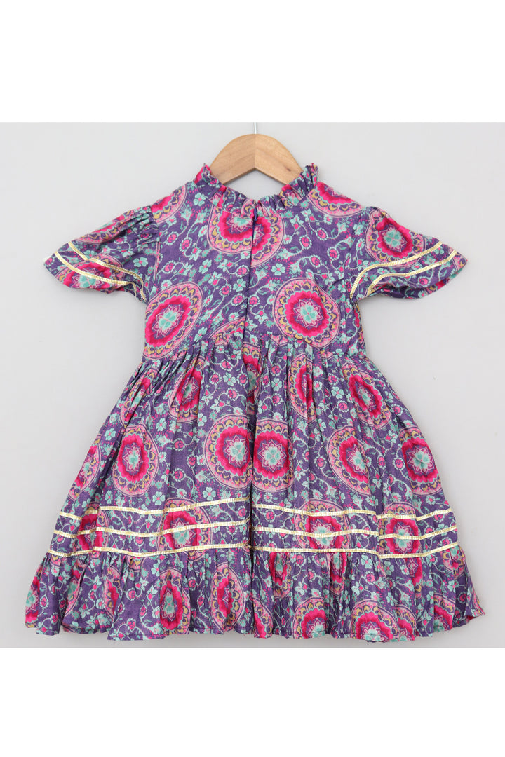 Purple Printed And Lace Detailing Muslin Dress
