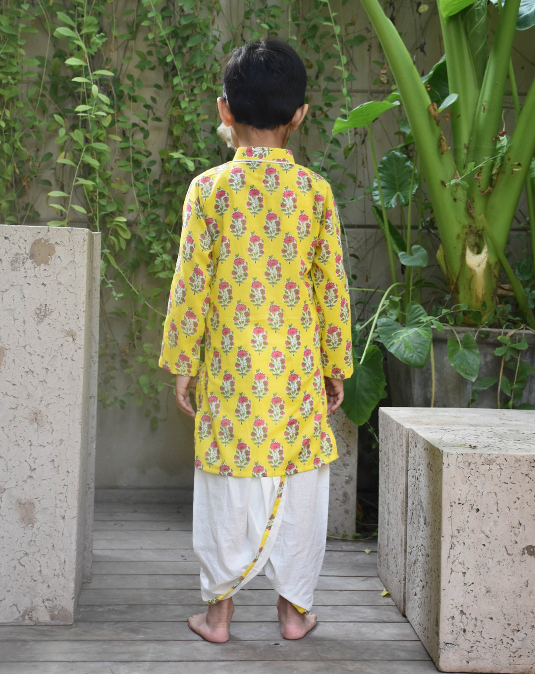 Yellow Printed Cotton Kurta With Dhoti Set