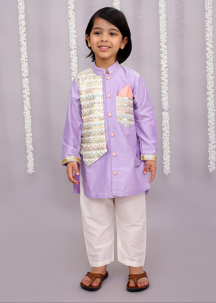 Lavender Kurta Embroidery With Off White Pyjama Set