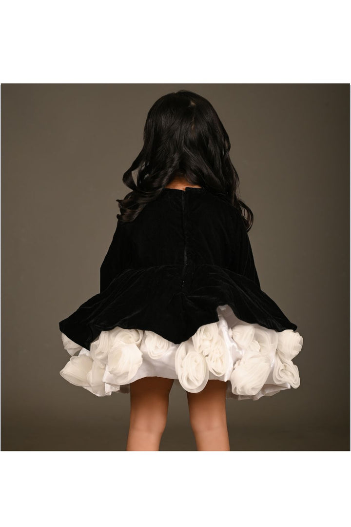 Black Velvet With White Organza Flowered Flair Dress