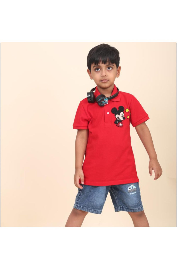 Red Hand Embroidered Mickey Mouse Polo T-shirt