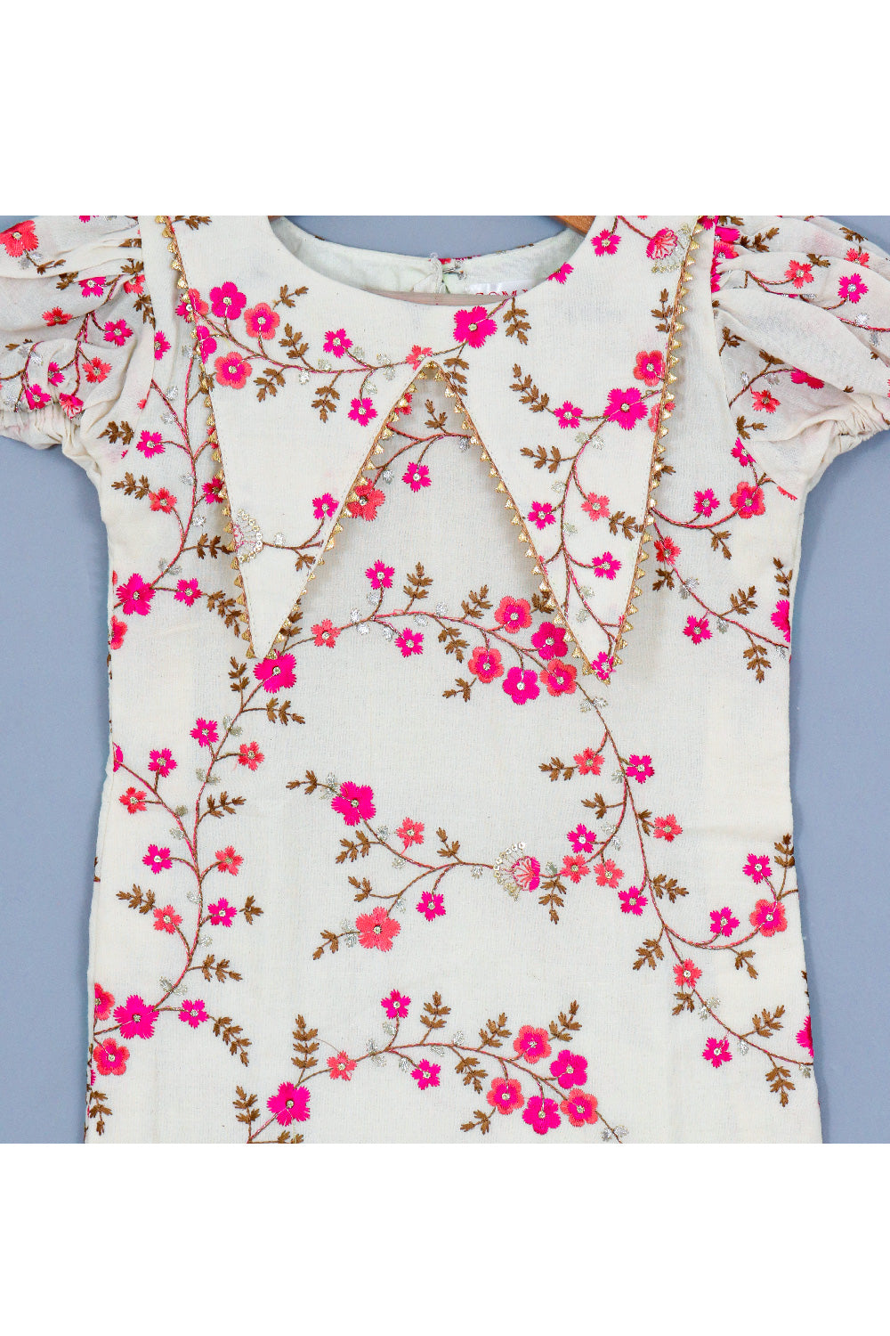 Off White Floral Embroidered Cotton Collared Dress