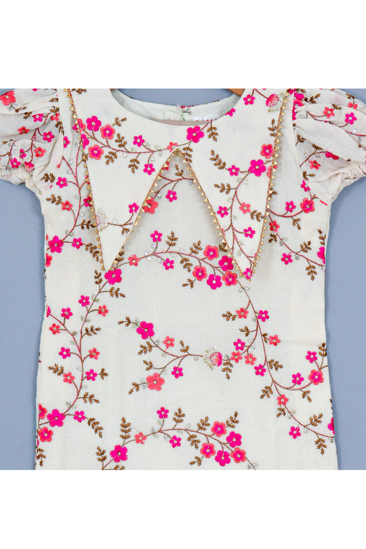 Off White Floral Embroidered Cotton Collared Dress